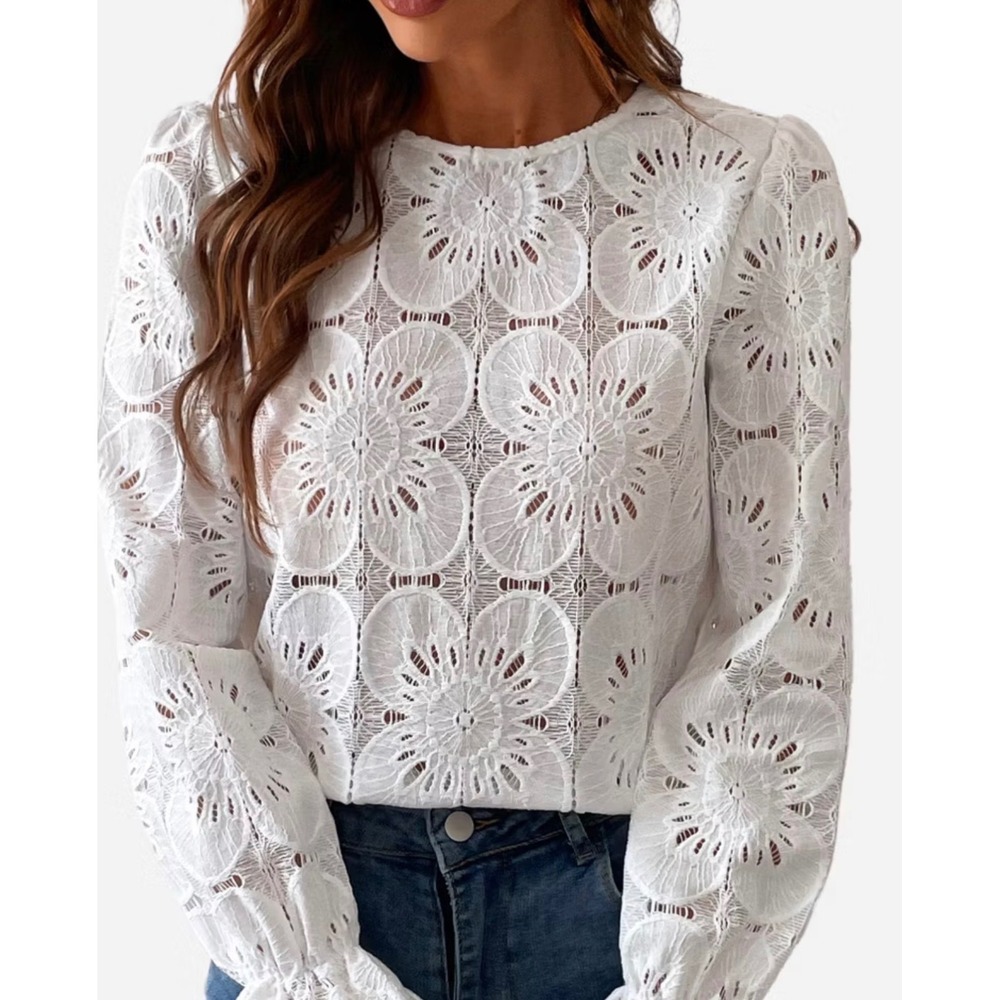 Cupshe White Floral Eyelet Lace Blouse Long Sleeve Ruffle Cuff Top Sz X-Large